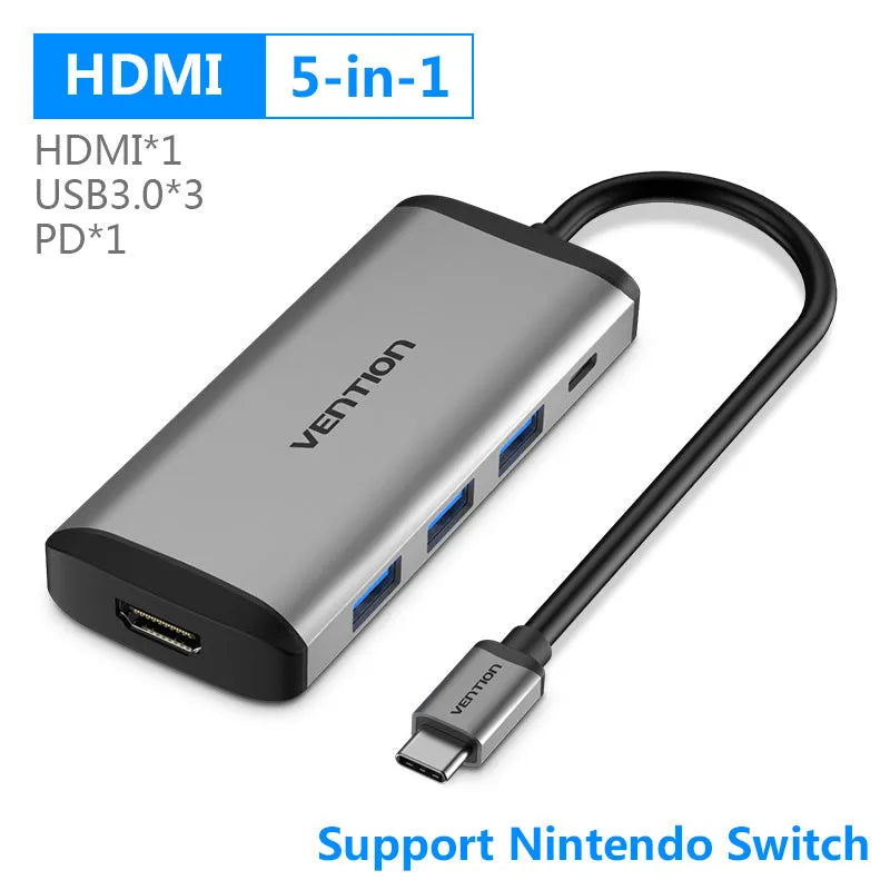 Deep grey USB-C to multi-port hub adapter with HDMI, Ethernet, USB ports and card readers