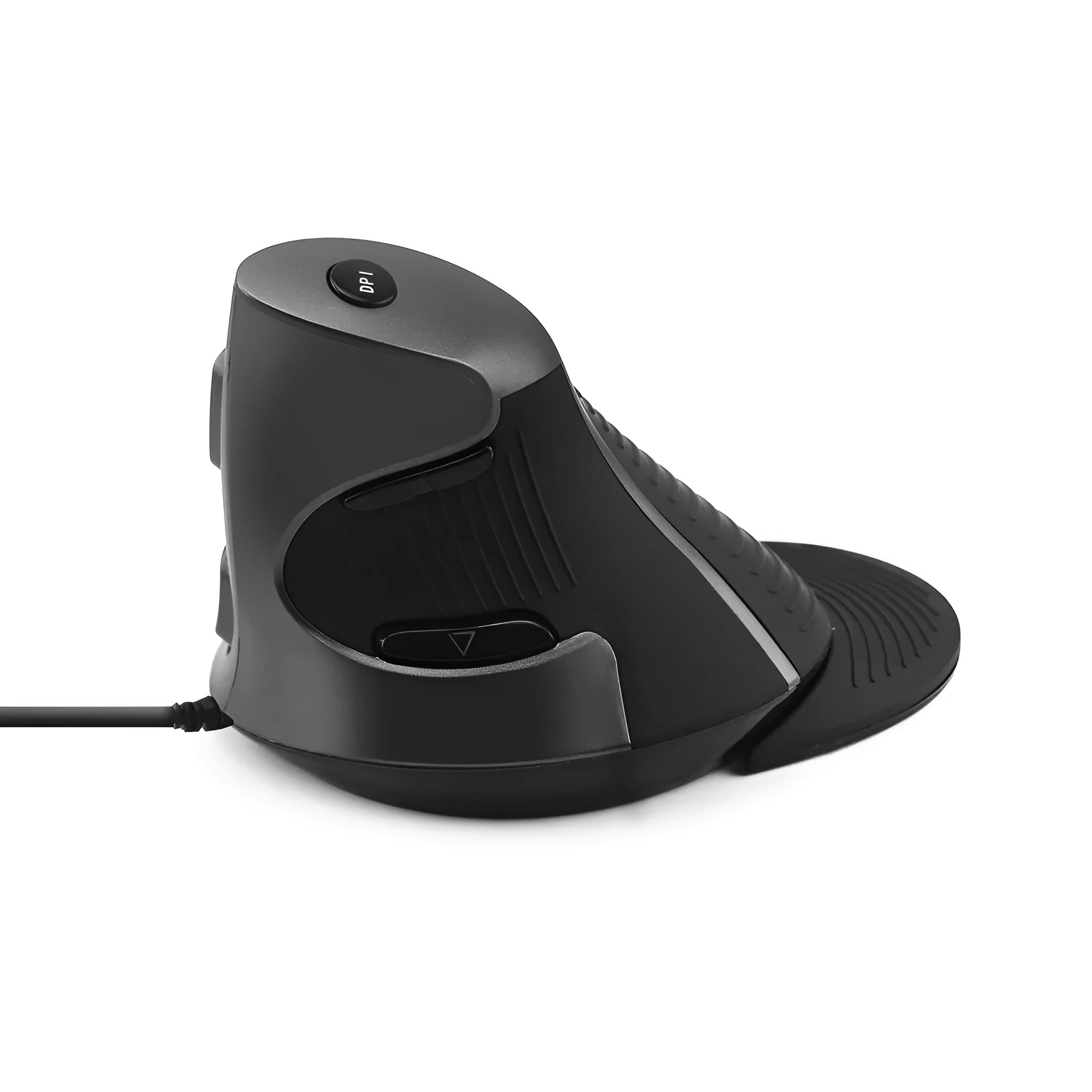 Ergonomic vertical computer mouse in black colour showing natural hand position design