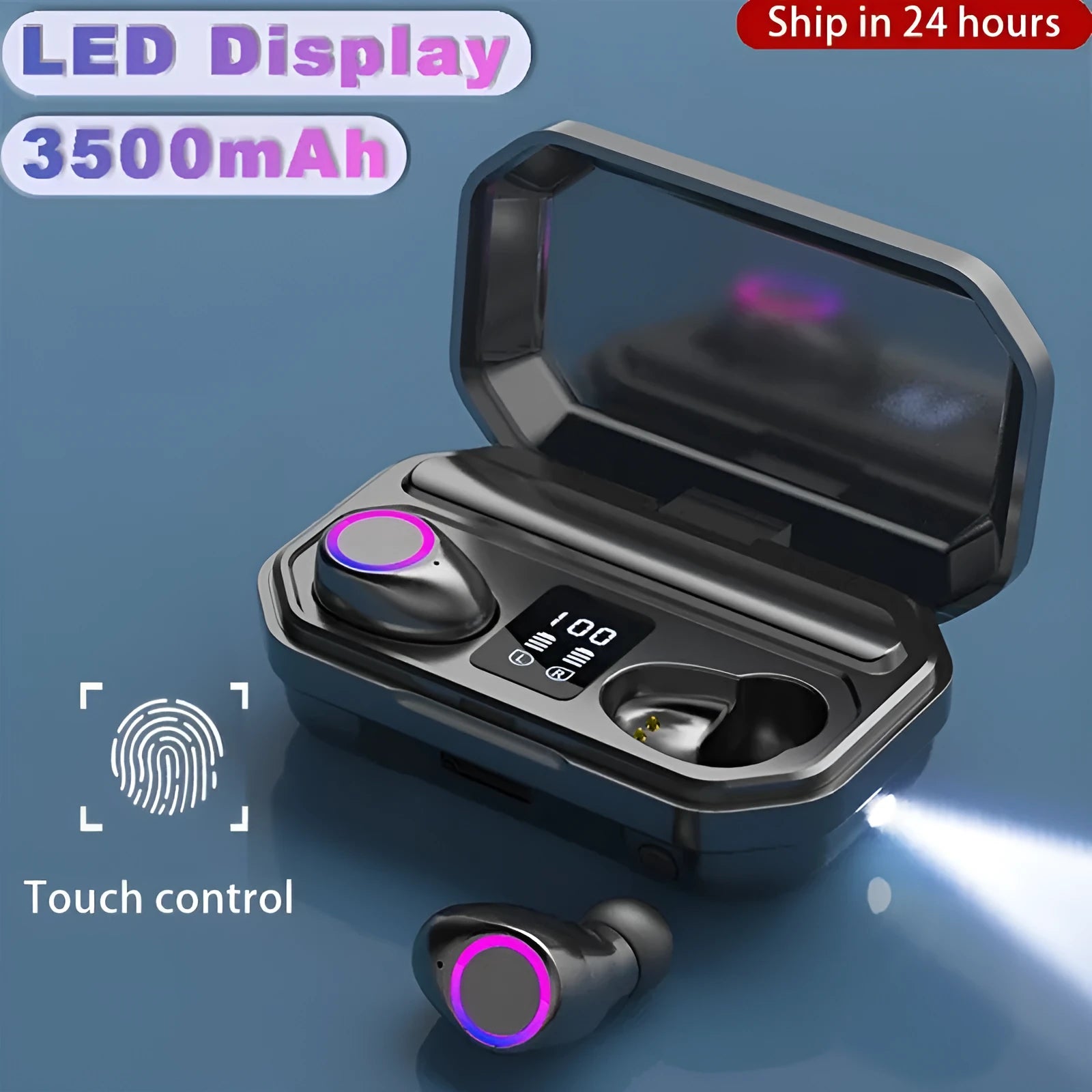 Black and white wireless Bluetooth earbuds with a charging case showing a digital LED battery display.
