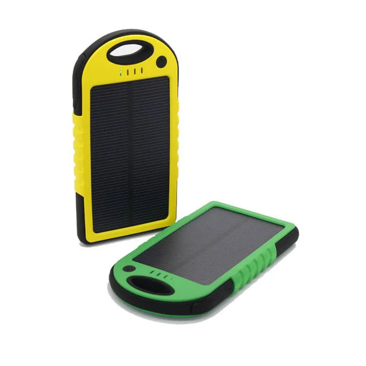 Solar power bank dual battery charger 8000mAh IPX4 waterproof with solar panel carabiner clip super bright LED light black