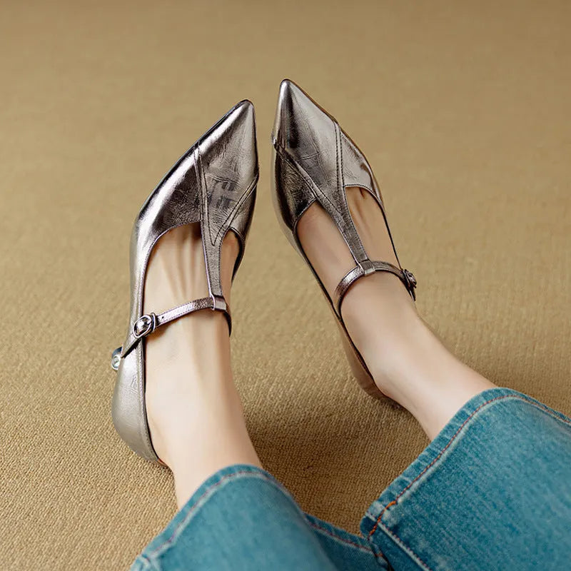 Genuine leather women's Mary Jane pumps with chunky heel in gun colour and pink options