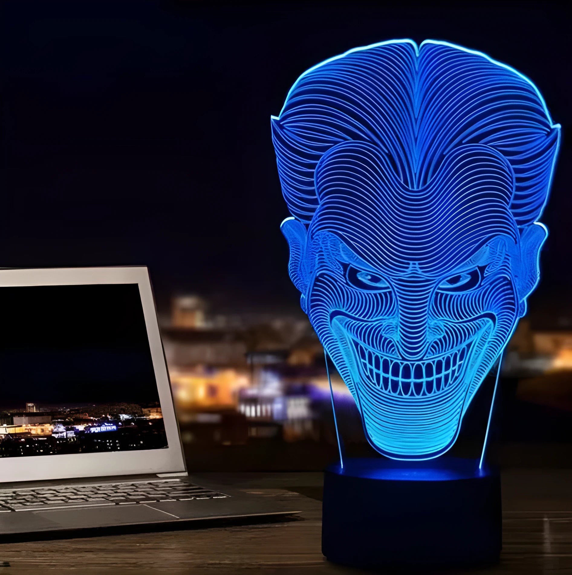 USB-powered 3D acrylic LED lamp with remote control showing seven colour options