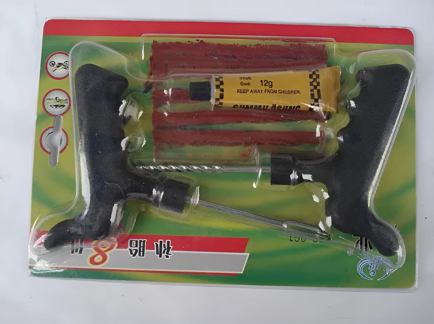 8-piece vacuum tyre repair tool set with probe, glue and rubber strips for car and motorcycle emergencies