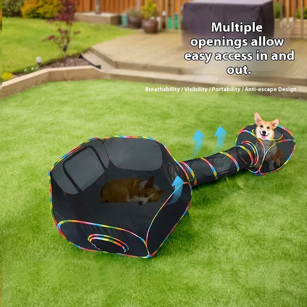 Foldable mesh cat play cage showing interlocking panels in a tunnel configuration.