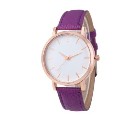 Square alloy case quartz watch with PU leather strap in various colours including grey, green, pink, and black.