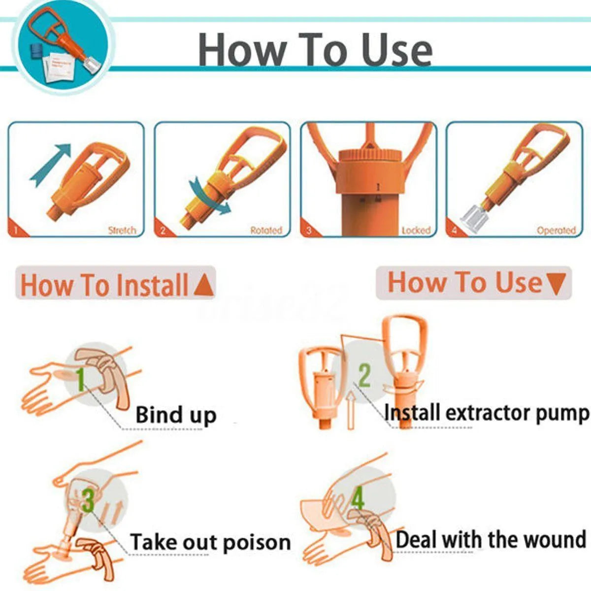 Orange emergency venom vacuum suction device with two cup sizes and accessories for outdoor bite treatment