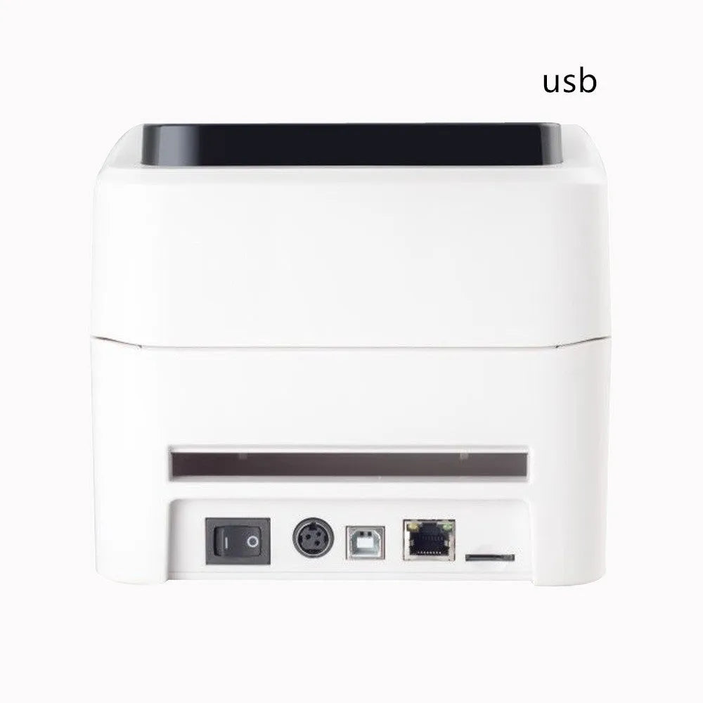 Thermal barcode printer with compact body and paper loading container, black finish, for label printing