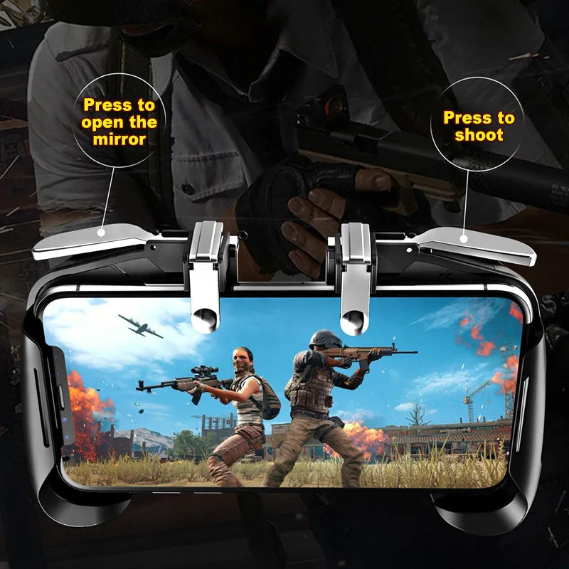 Collapsible mobile gaming controller handle for smartphones in black, blue, and white colours.