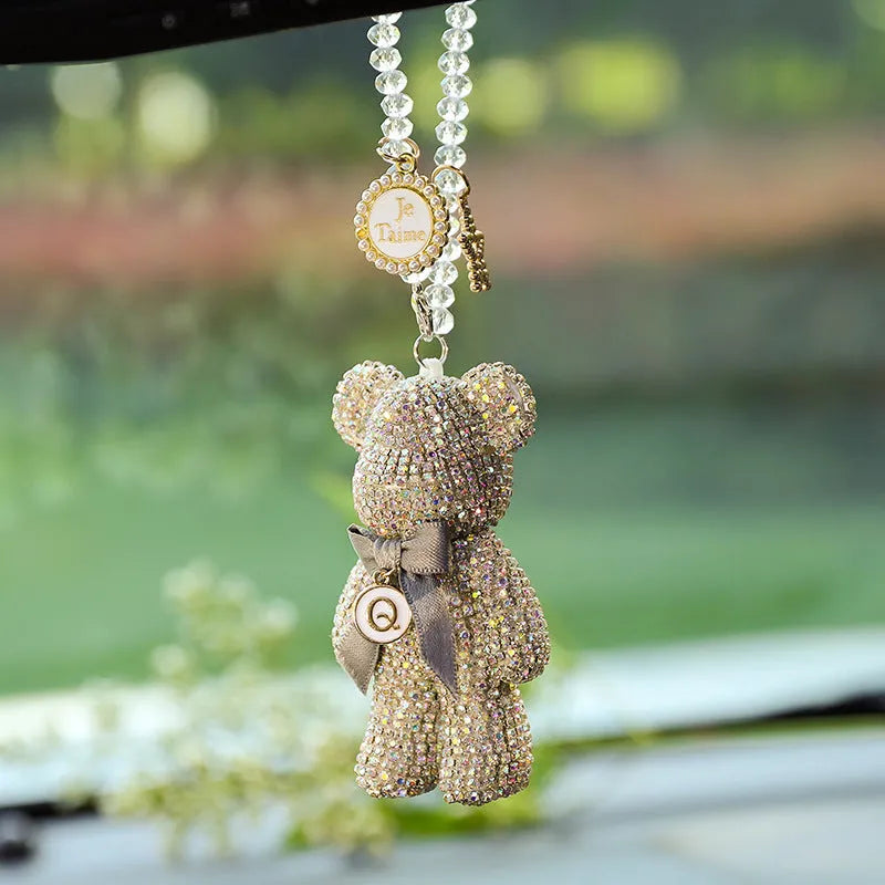 Violent Bear character car rearview mirror pendant with rhinestones in black, white, and pastel colours.