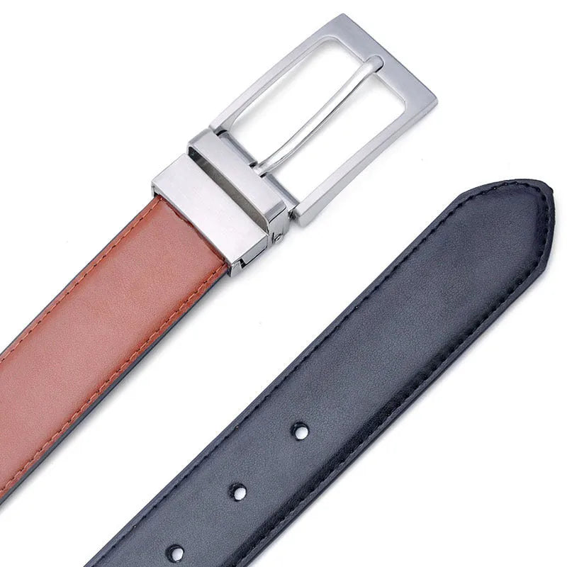 Men's dark brown genuine leather belt with a silver rotating pin buckle laid flat.