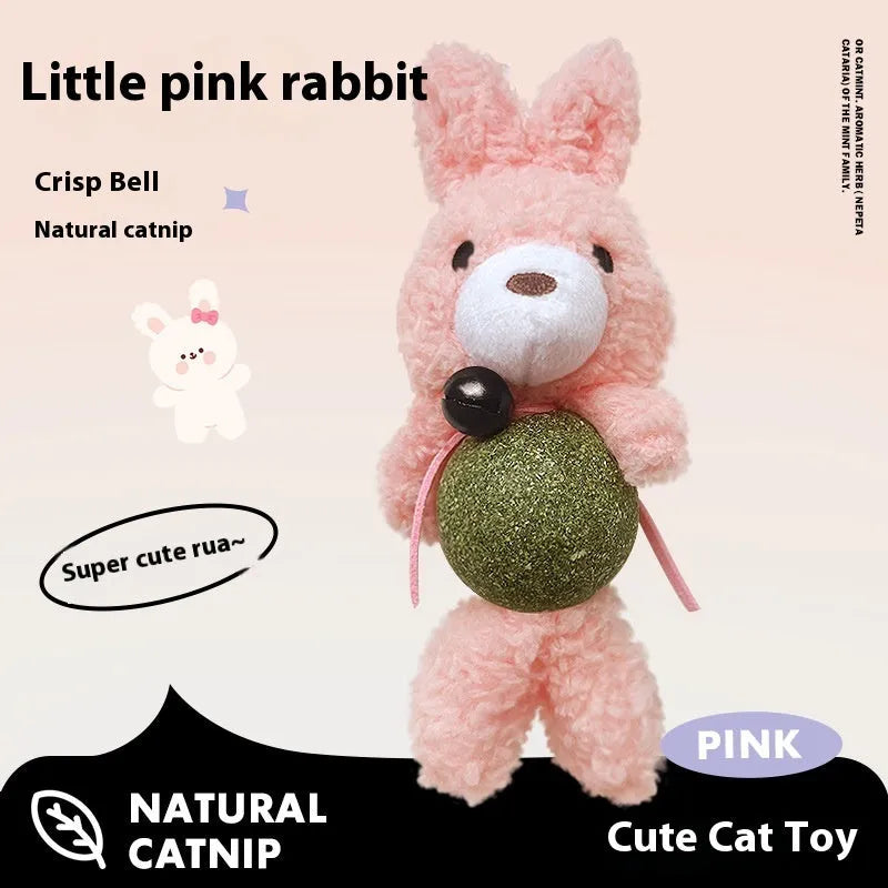 Plush catnip ball toy in brown bear design with a bell, showing soft texture and size.