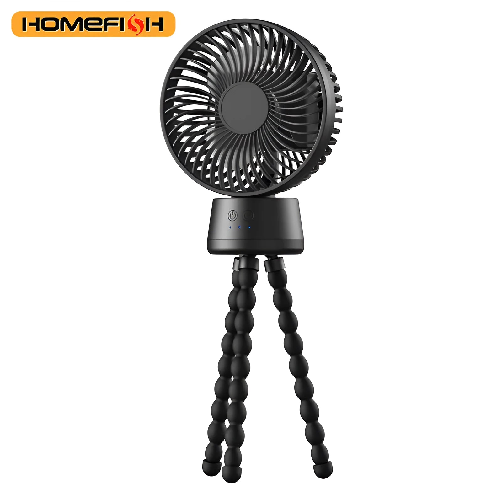 HOMEFISH F2 automatic shake head handheld fan with LED light and removable bracket on a table.