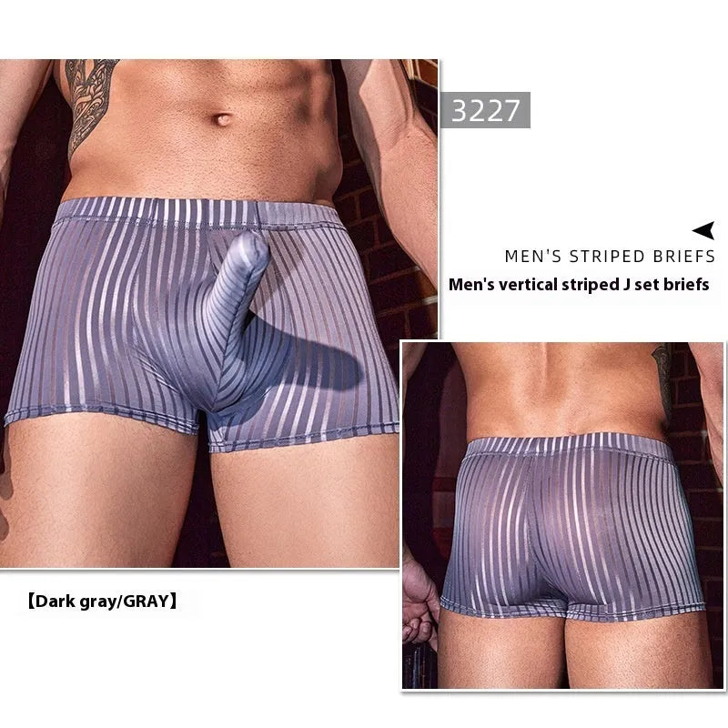Men's black vertical stripe underwear showing elastic waistband and breathable nylon fabric