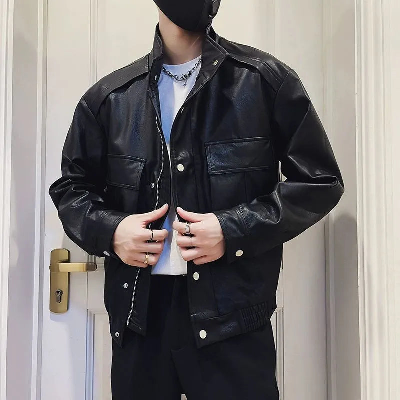 Men's black PU leather Korean-style pilot jacket with side pockets and straight hem.