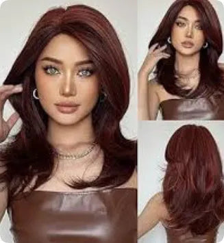 Mid-length curly synthetic wig with long bangs in gradient white gold, wine red, and brown colours