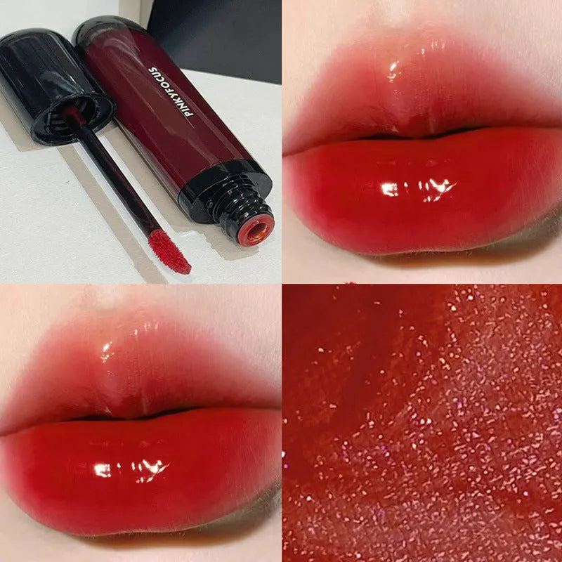 Black Shiny Makeup Mirror Lip Lacquer set showing six shades: black tomato, orange brown, bean paste, rose, red, and sweet potato.