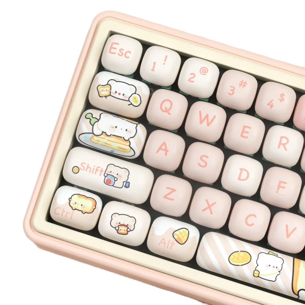 MOG profile PBT keycap set with steamed bread and bear design, 143 keys laid out.