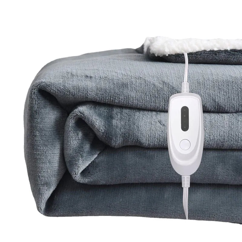 Grey flannel electric heating blanket with USB connection showing temperature controls