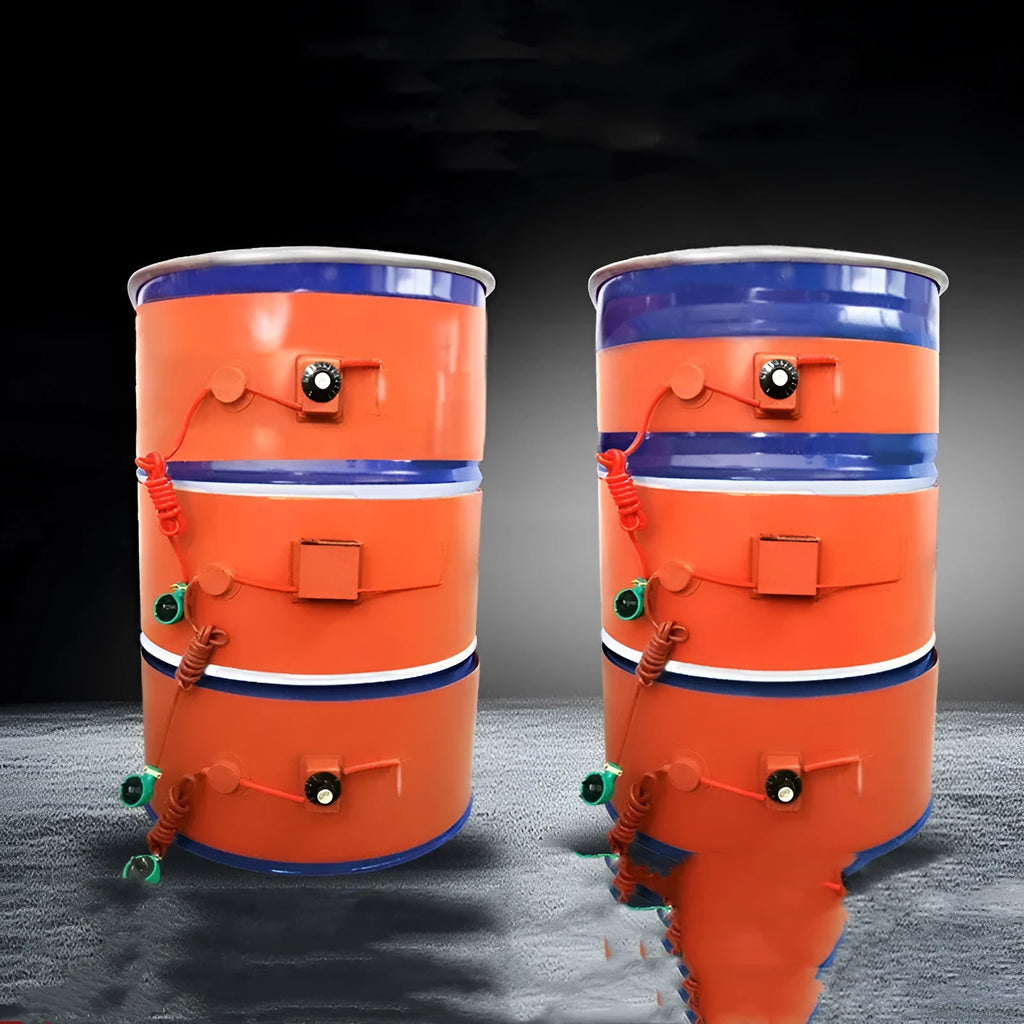 Silicone rubber heating belt wrapped around 200 litre oil drum with digital display control