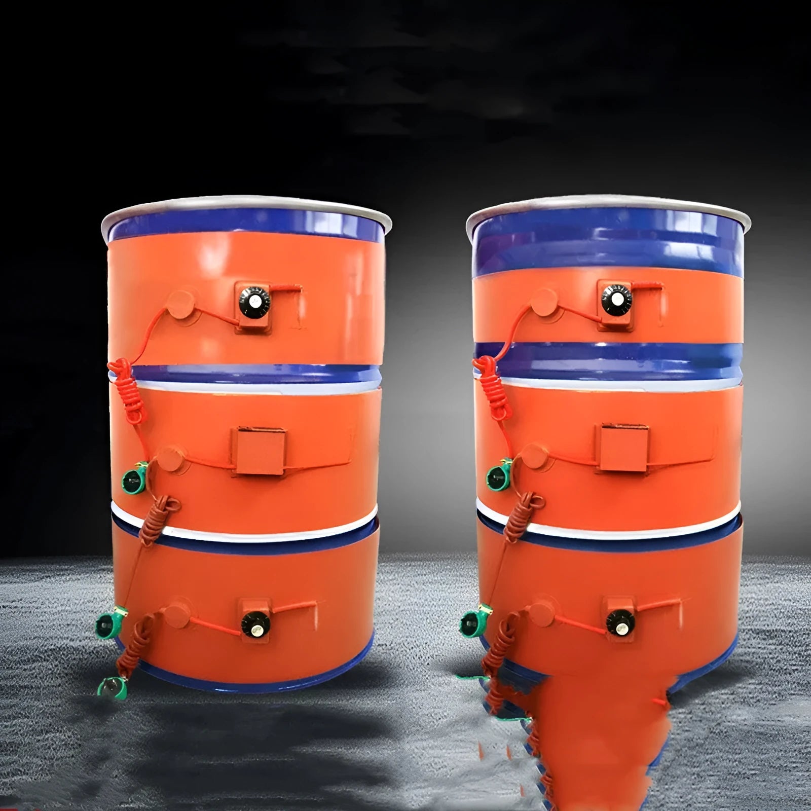 Silicone rubber heating belt wrapped around 200 litre oil drum with digital display control