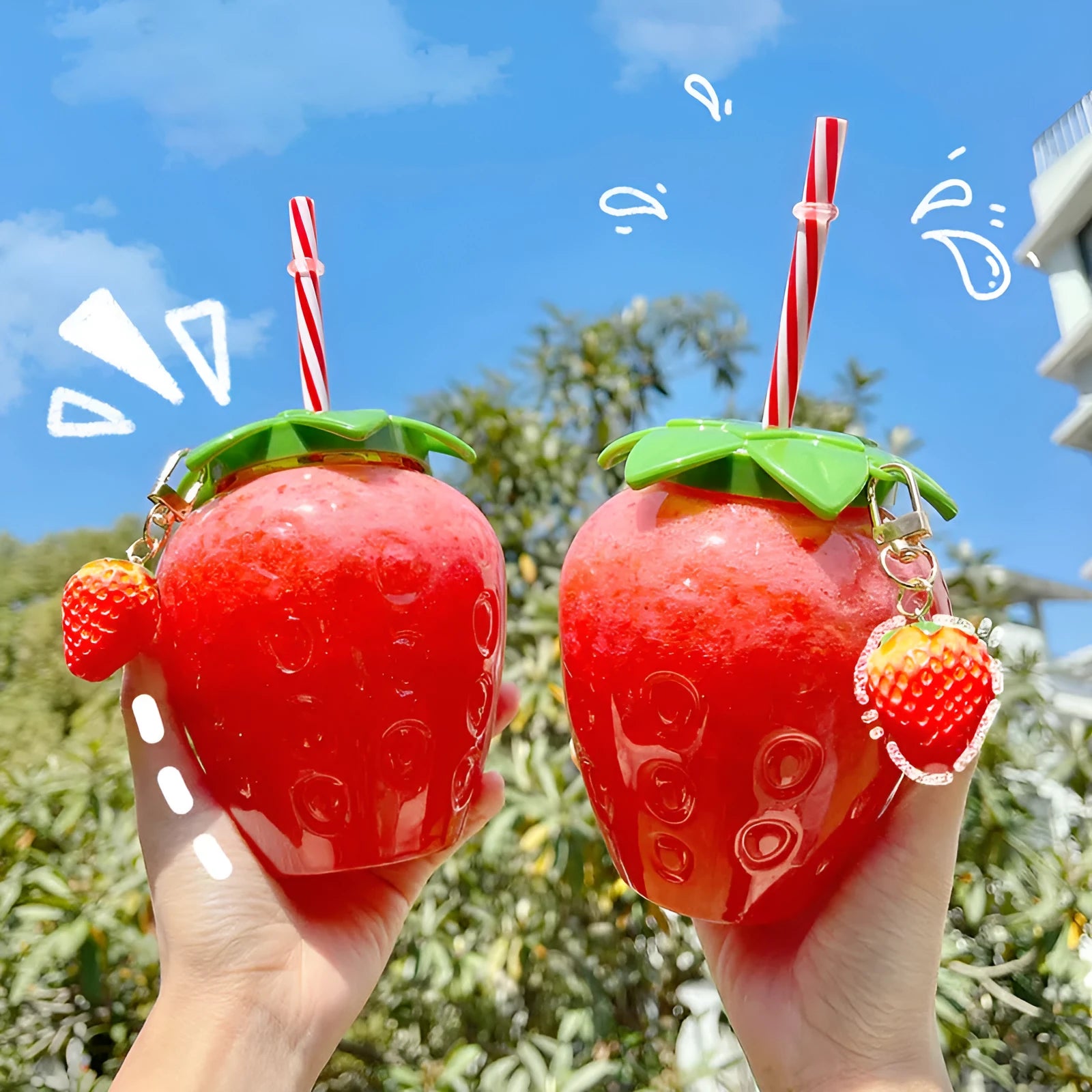 500ml kawaii strawberry-shaped water bottle with straw and pendant on white background
