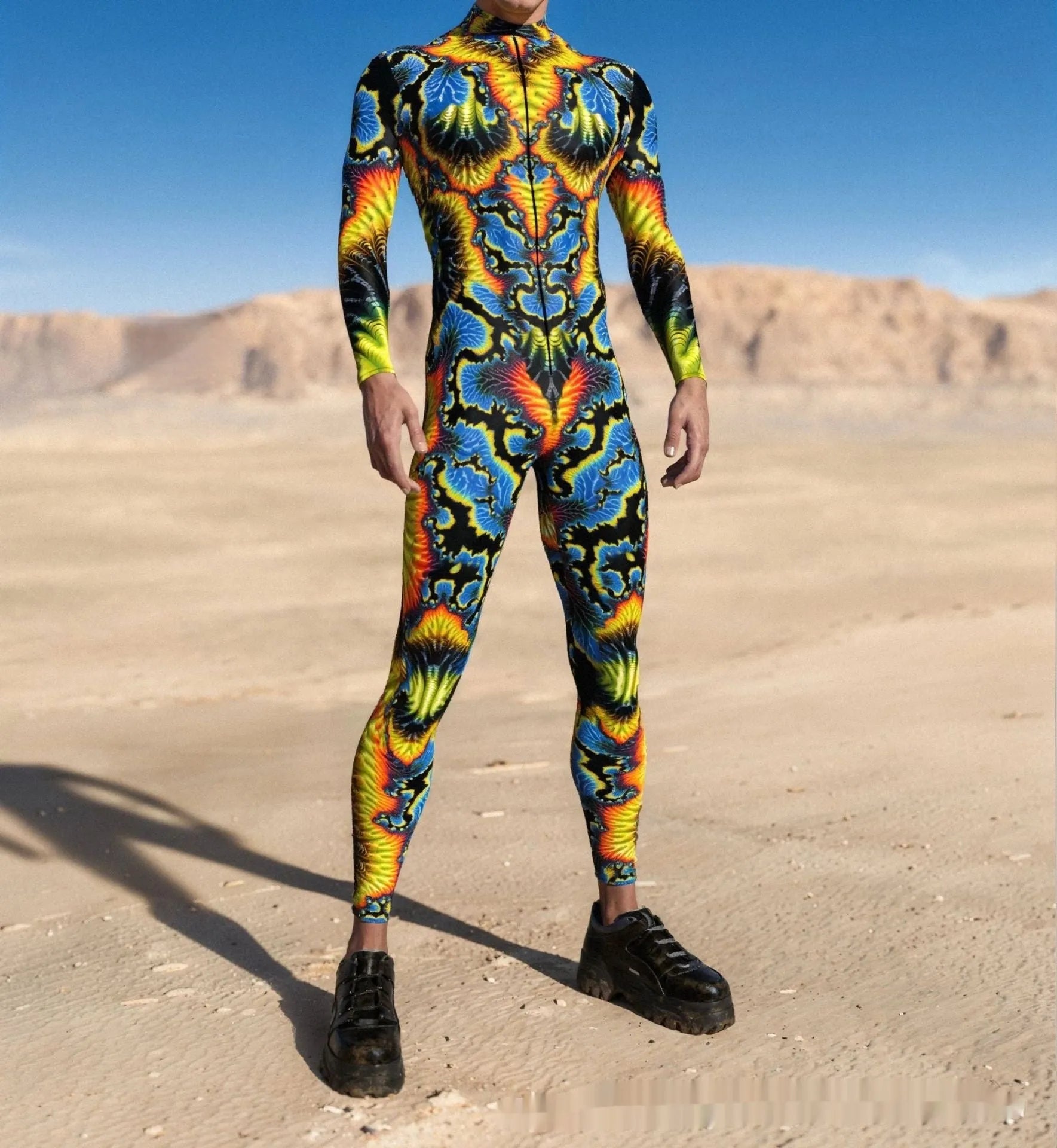 Halloween 3D digital print cosplay jumpsuit in Model 1 colour on adult model, showing full-body stretch fabric costume