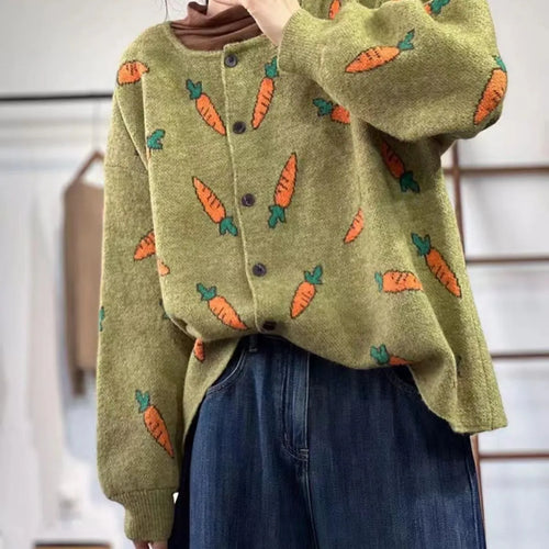 Round neck loose cardigan with Mori artistic printing in colour contrast design