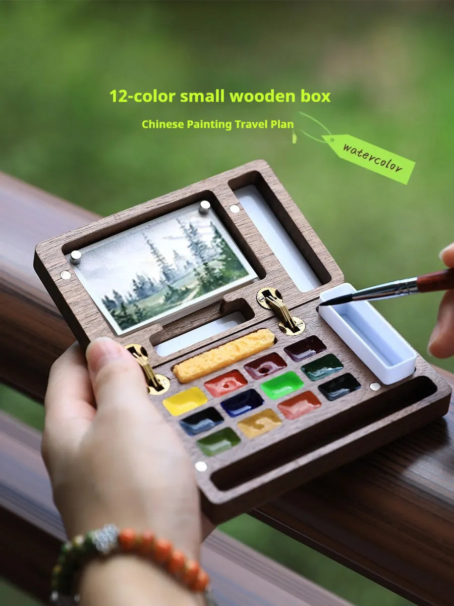Mini walnut watercolour paint box with pigment sets and leather carrying bag