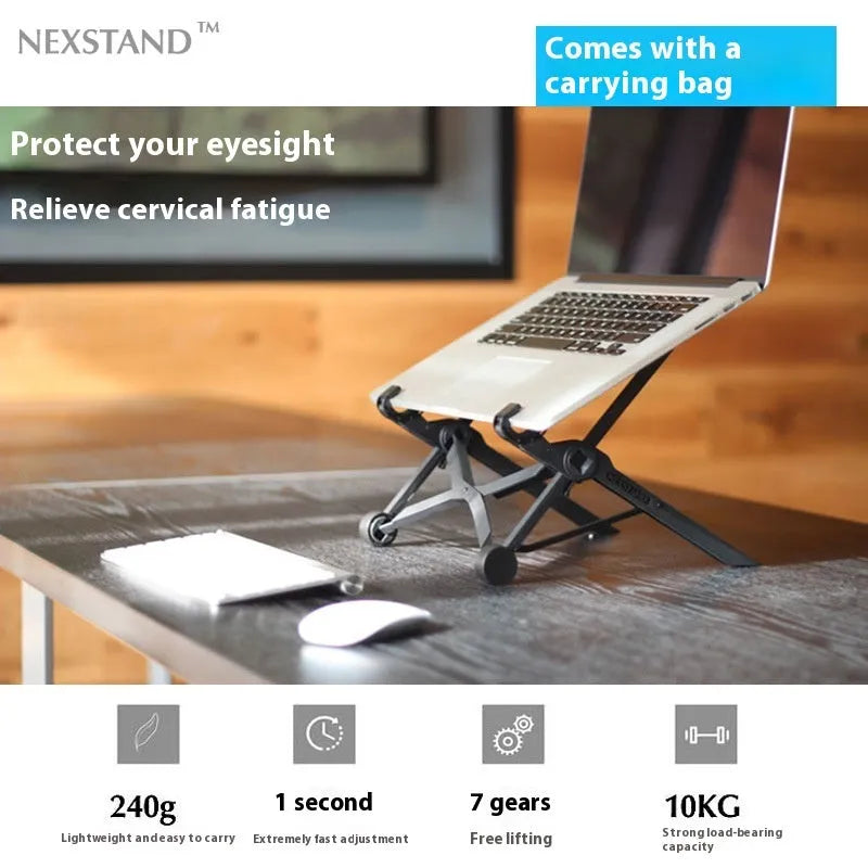 Sagacious black portable folding computer bracket with adjustable height mechanism for laptops and tablets