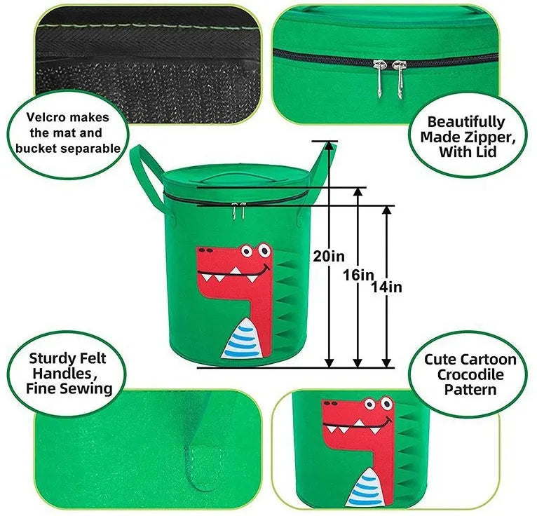 Green felt cube storage bag open as play mat with pull rope closure for children's toys
