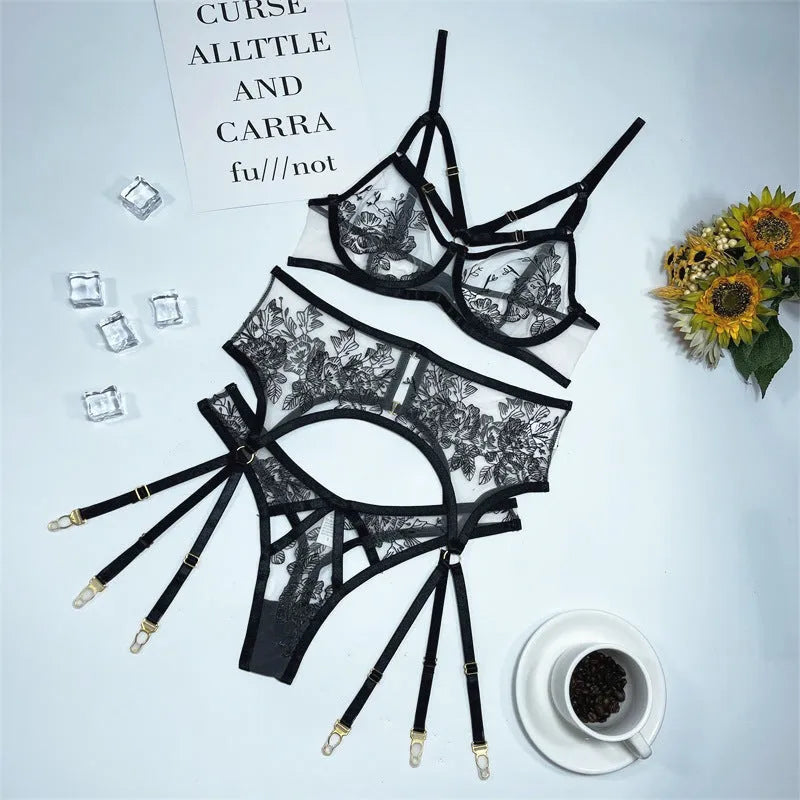 Black women's lace mesh three-piece clothing set with floral print, showing top, trousers, and waist cincher.