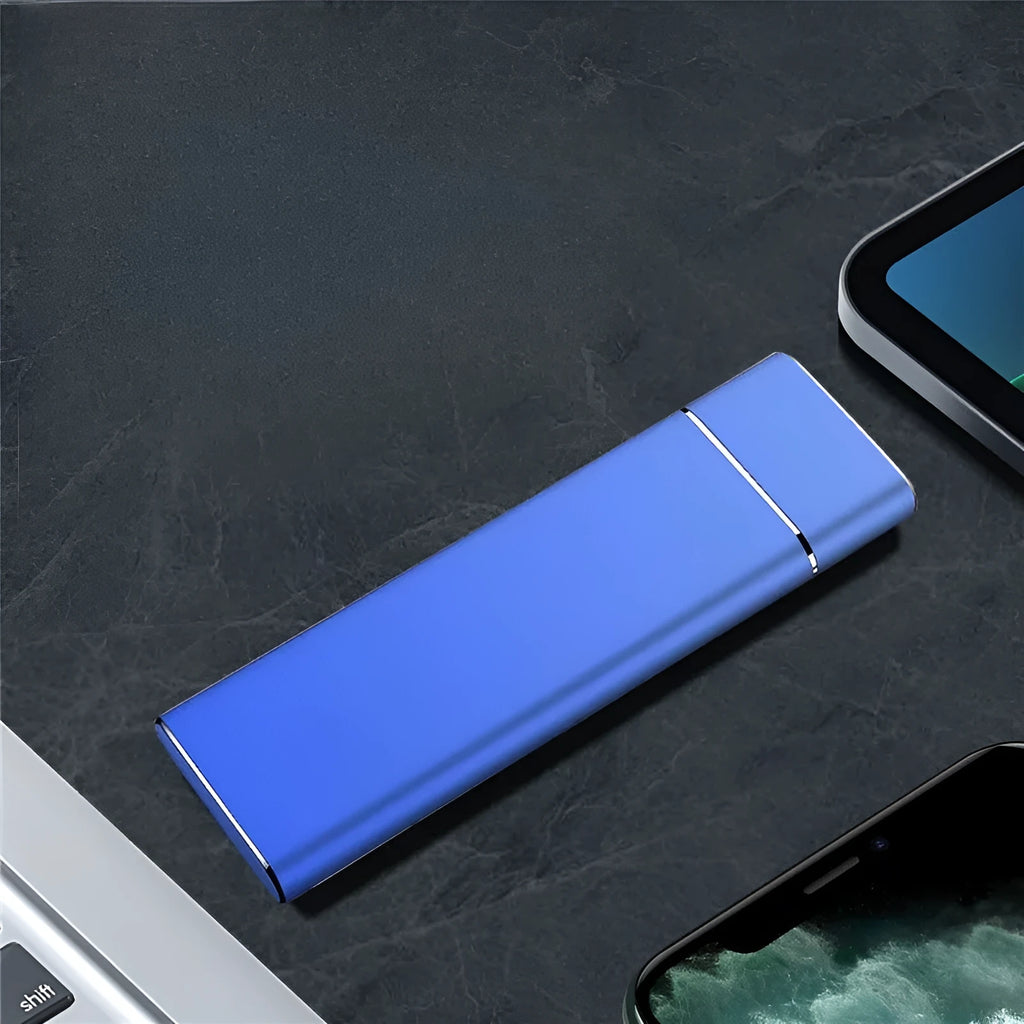 Sapphire blue metal portable external hard disk with USB cable for mobile phone and computer storage