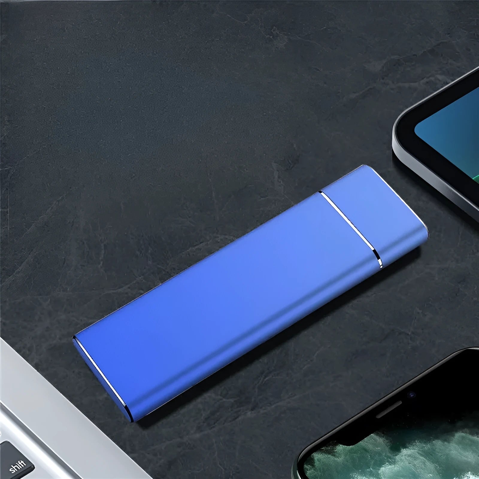 Sapphire blue metal portable external hard disk with USB cable for mobile phone and computer storage