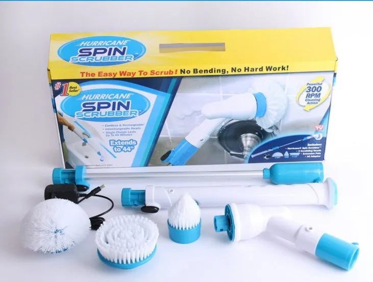 Blue rechargeable electric cleaning brush with retractable extension rod and three brush heads
