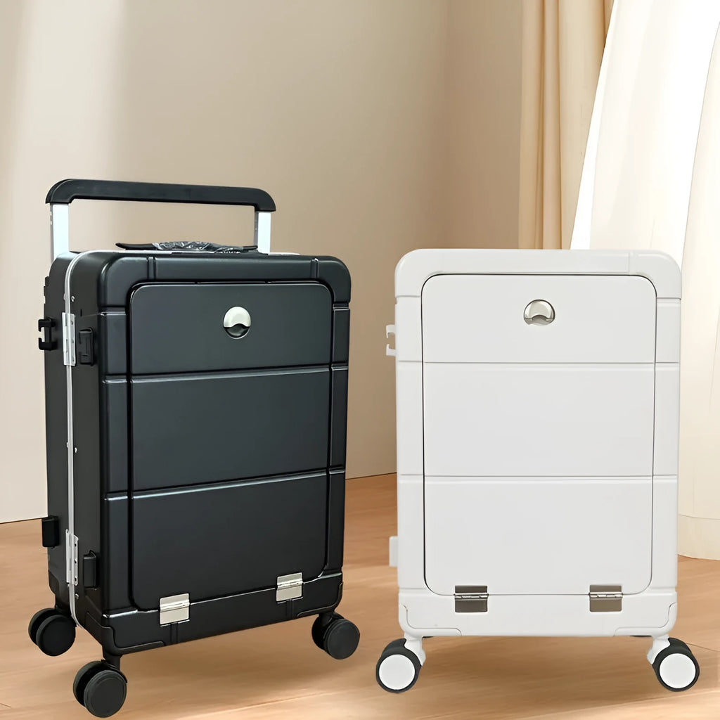 Front opening 20-inch hard shell suitcase in black showing the dry wet separation compartment.