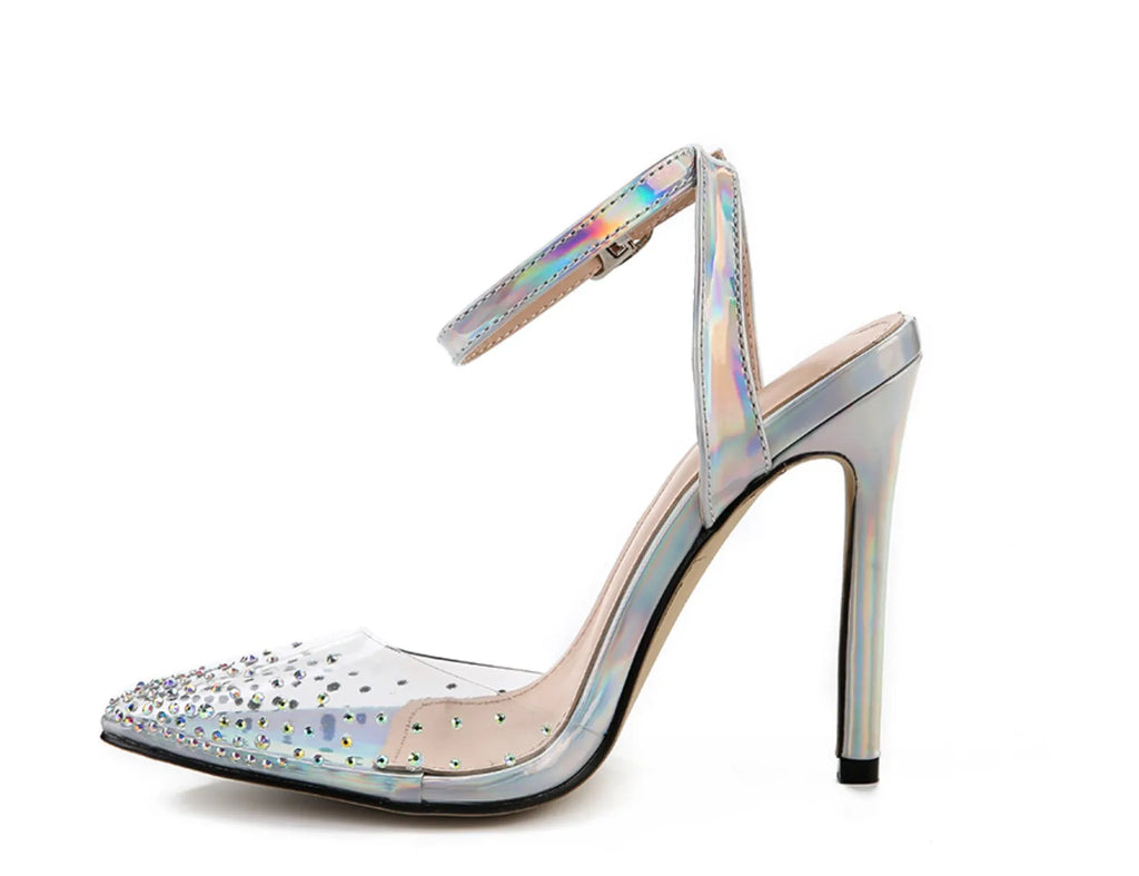 Women's clear PVC pointed toe sandals with a stiletto heel on a white background.