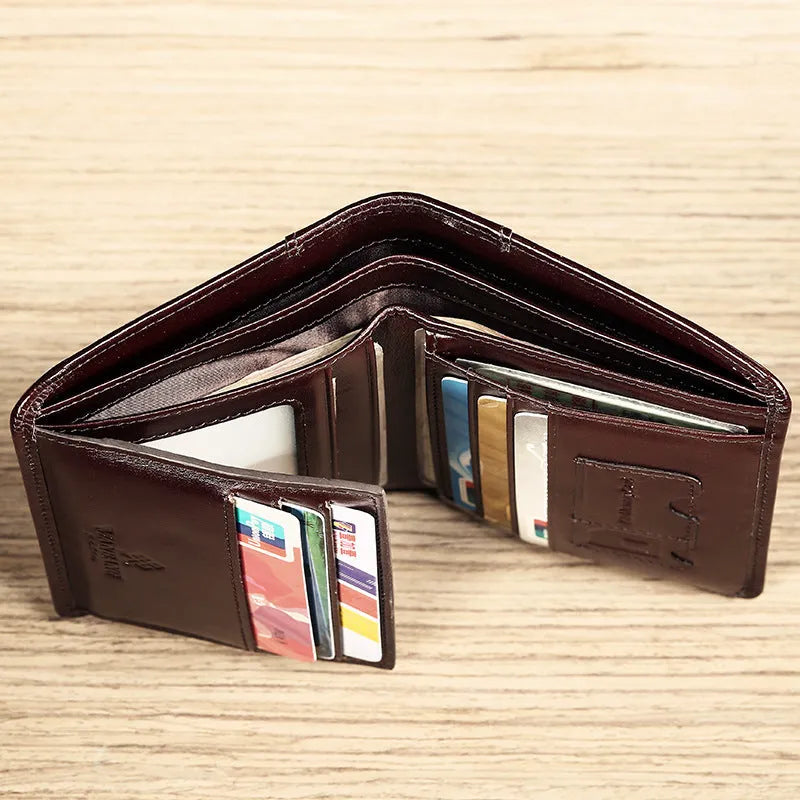 Men's leather wallet showing internal compartments including card slots, hidden pocket and photo position