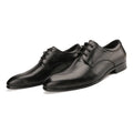 Men's black checkered cow leather derby shoes with pointed toe and handcrafted sewing detailing