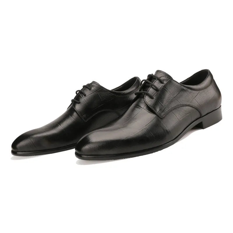 Men's black checkered cow leather derby shoes with pointed toe and handcrafted sewing detailing