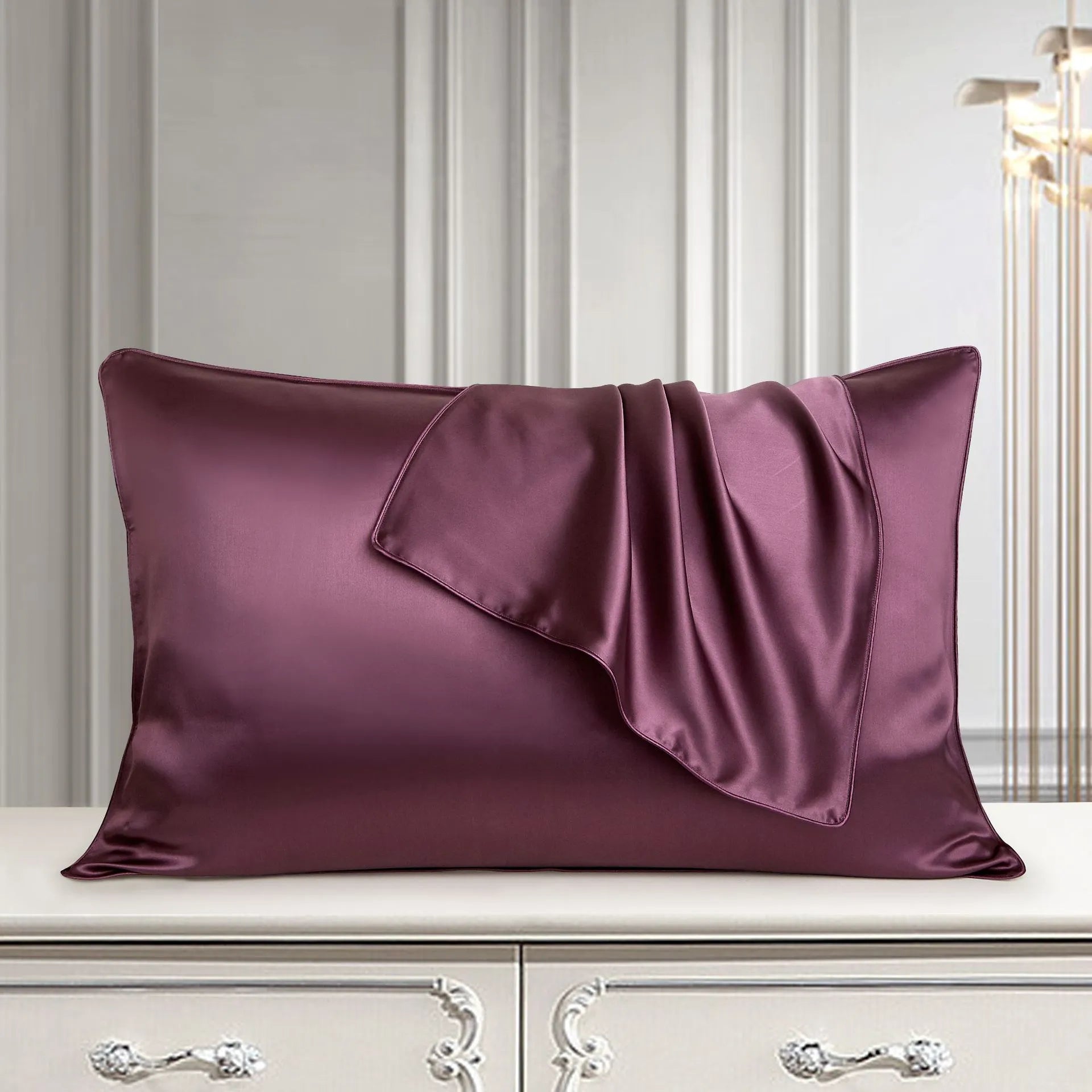 100% mulberry silk single pillowcase in 48x74cm size with inlaid rope weave, shown in Bean Paste Purple.