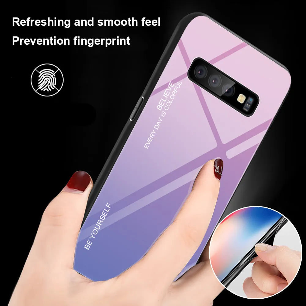 Gradient glass phone case for Samsung S20 S10 S9 S8 Plus Ultra in solid colour black with TPU and tempered glass back cover