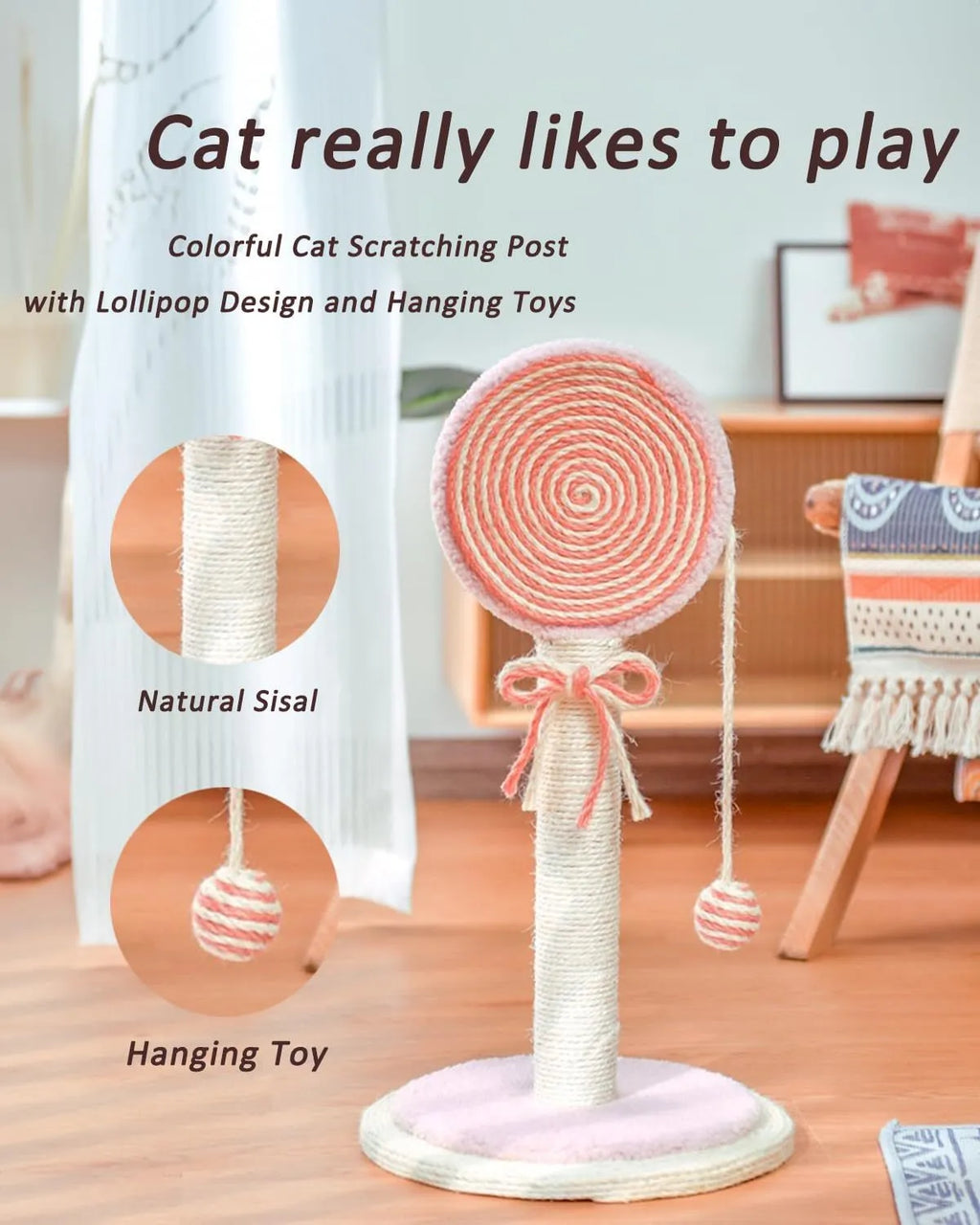 Blue cat scratching post with natural sisal rope and hanging ball toy on sturdy base