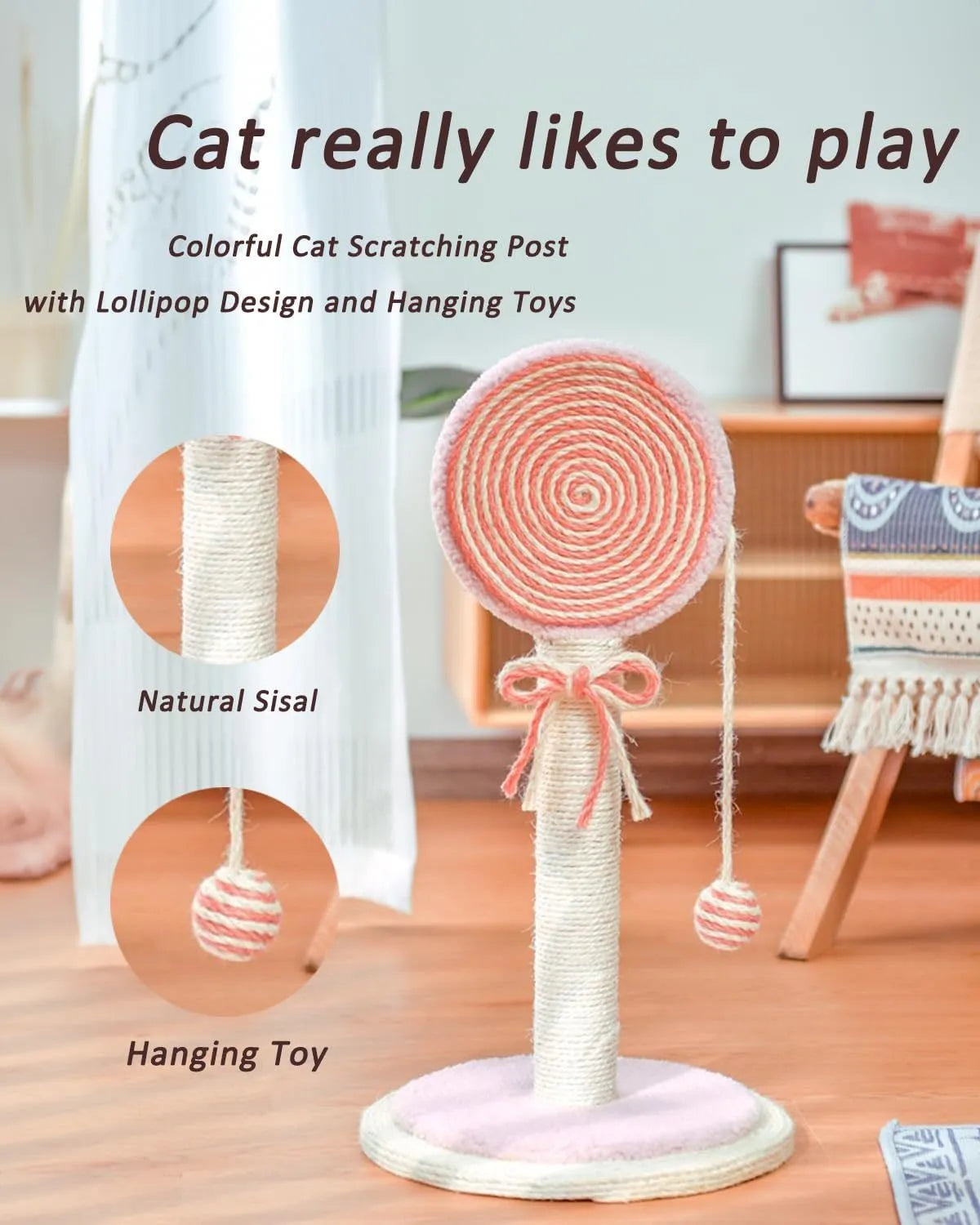 Blue cat scratching post with natural sisal rope and hanging ball toy on sturdy base