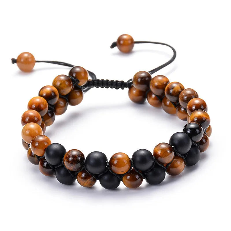 Matte black agate couple bracelets with geometric bead design