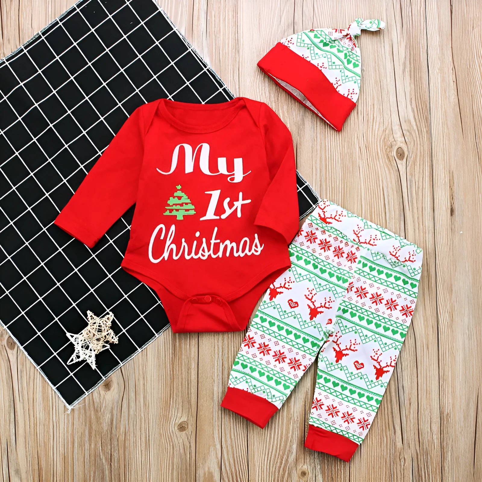 Red long sleeve cotton letter print baby jumpsuit set with pants and hat for heights 70-100