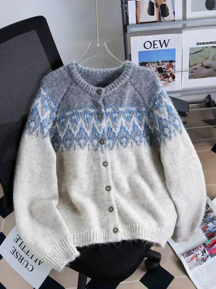 Women's loose-fit jacquard sweater coat in milky white, brown, or navy blue.