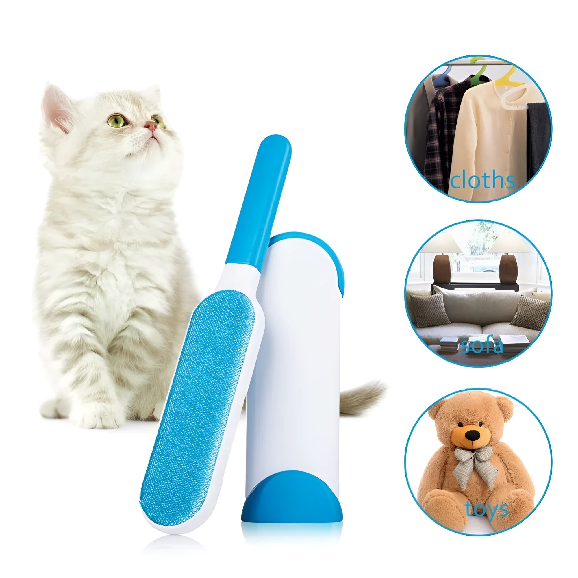 Reusable pet hair removal brush with double-sided roller and self-cleaning base