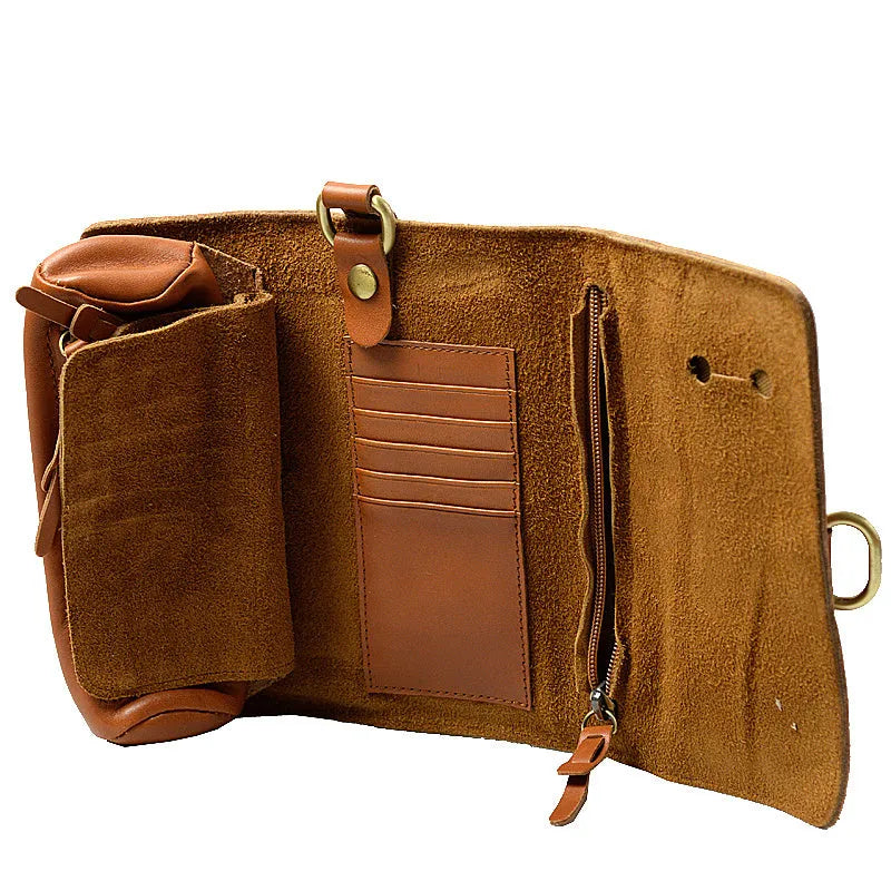 Handmade dark brown leather bifold wallet with tape extraction closure showing 20cm width