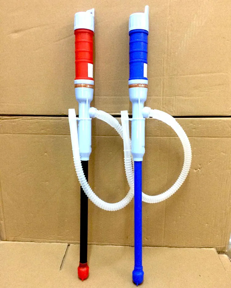 Blue or red manual hand siphon pump for transferring fuel and liquids