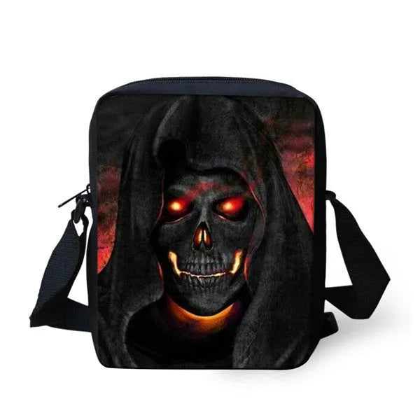 Children's messenger bag with skull pattern showing double adjustable straps and zippered main compartment